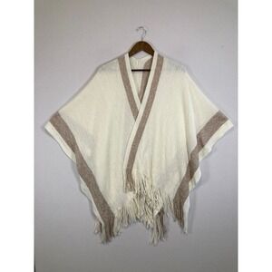 El Lurex Border Shawl Womens One Size Cream Rose Gold Metallic Fringe Poncho NEW